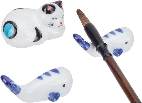 2 Stuks Schattige Kat Keramische Penseelhouder voor Chinese Calligrafie, Rest voor Eetstokjes en Bestek, Ideaal voor Keuken en Creatieve Projecten, 1.85~2.2 Inch