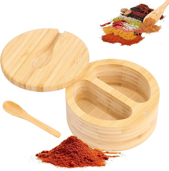 2-Weg Draaiende Dekselhouder met Magnetische Twist Deksel en Houten Lepel, Zout- en Kruidenopslagdoos voor Keuken, Specerijen, Peper en Kleine Items van Merkloos