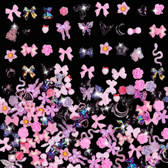200 Stuks 3D Nagel Charms in Roze Mix - Multi Shapes voor Nagelkunst, DIY en Creatieve Projecten met Strikken, Harten, Sterren en Bloemen van Merkloos