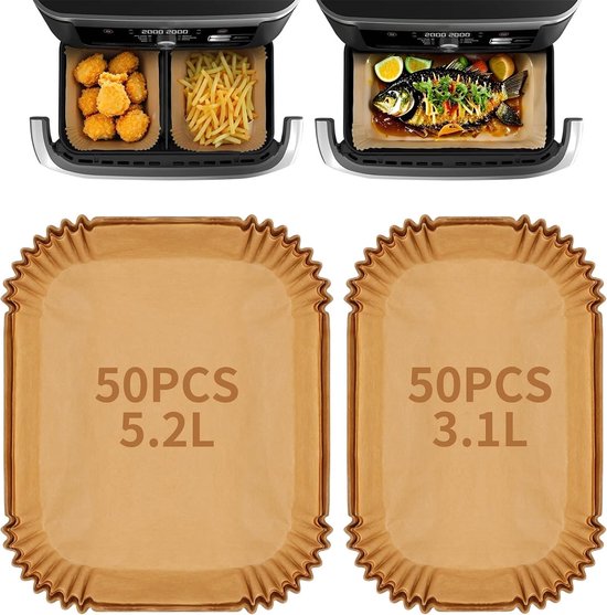 2/3,1 liter, 100 stuks bakpapier voor heteluchtfriteuse, bakpapier voor Tefal Easy Fry EY901810 EY905D 5,2/3,1L, accessoires heteluchtfriteuse voor Philips Airfryer Dual Basket 3000-serie