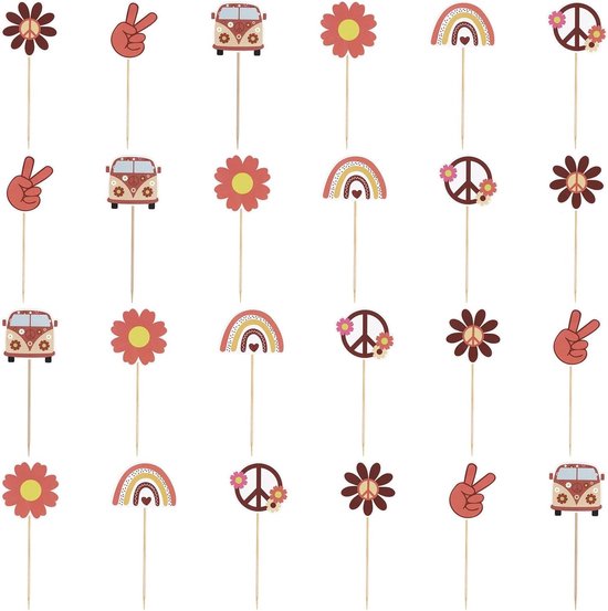 24 Stuks Hippie Cupcake Toppers voor Feestjes, Groovy Cake Picks met Vredestekens en Boho Decoraties voor Verjaardagsfeestjes en 60s Thema Party van Merkloos