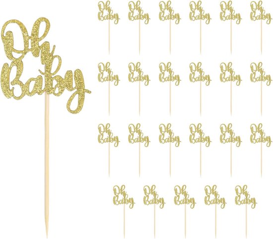 24 Stuks Oh Baby Cupcake Toppers, Glitter Cake Toppers Oh Baby Cupcake Prikkers Jongen of Meisje Thema Cupcake Toppers Baby Shower Cupcake Decoraties voor Kinderfeestjes (Goud)