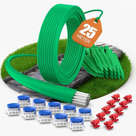 25m Begrenzingskabel + 25 Haringen + 10 Kabelverbinders + 10 Aansluitklemmen voor Robotmaaier, Tuinaccessoireset, Universele Begrenzingsdraad, Compatibel met Gardena/Bosch/Worx