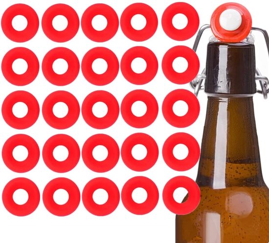 25Pcs Red Silicone Grolsch Gaskets Seal Safe Rubber Rings Washer Replacement Available for Swing Flip Top Bottle Home Brewing Beer Bottle Seals