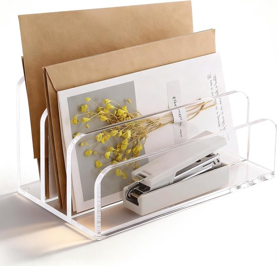 3 Compartimenten Briefhouder voor Bureau, Acryl Documentenorganizer, Transparante Poststandaard voor Brieven en Brochures van Merkloos