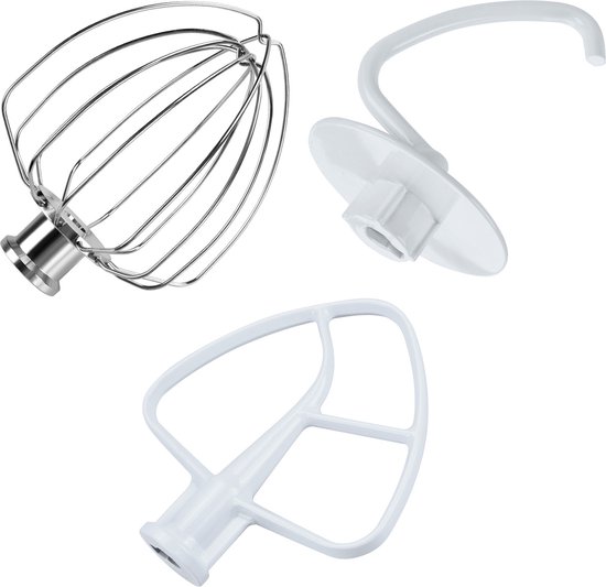 3-Delige Accessoireset voor KitchenAid 4,5-5 Quart Tilt-Head Stand Mixers Artisan & Classic Series van MMOBIEL - Aluminium K45 6-Draads Garde, Platte Mixer en Deeghaak - Enkel Handwas van MMOBIEL