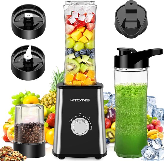 3-in-1 blender smoothie maker, 800 W mini blender elektrisch, 3 instelbare snelheden, 2 x 600 ml draagbare fles en 300 ml maalbeker voor ijs, fruit, groenten, noten van Aigostar