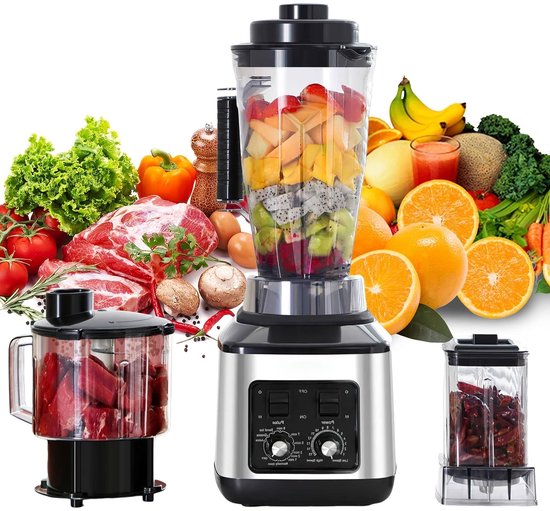3-in-1 Elektrische Blender – Multifunctionele Mixer – Sapcentrifuge – Smoothiemaker – Keukenmachine – 9500W Krachtige Motor – 3L, 1,5L en 0,5L Containers van Merkloos