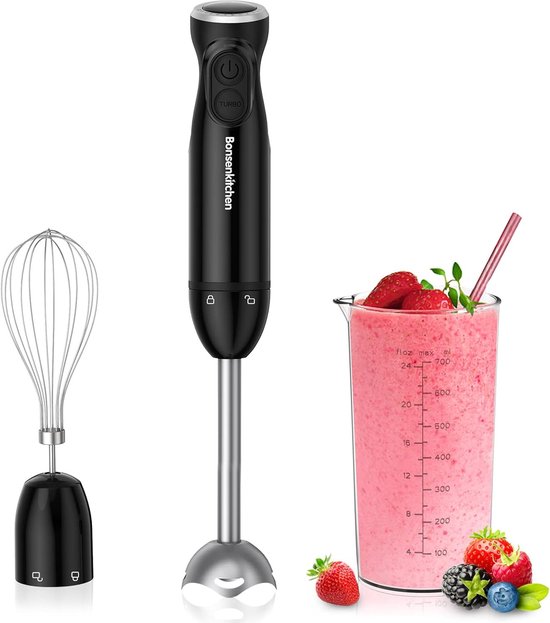 3-in-1 Elektrische Staafmixer met 1000 W Vermogen en Traploze Snelheidsregeling voor Milkshake, Puree, Sauzen