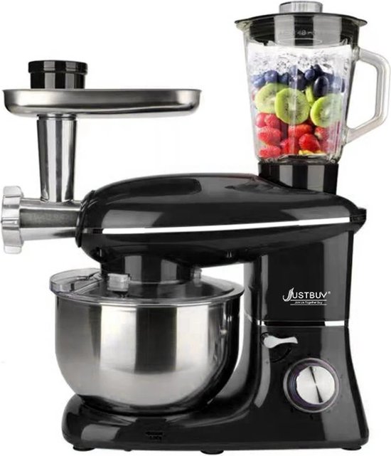 3 In 1 Keukenmachine - Keukenrobot - 1500W - Foodprocessor Met Blender, Vleesmolen, Garde, Deeghaak, Menghaak - 5,5 Liter - Zwart