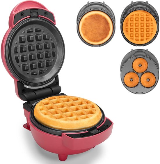 3-in-1 Mini Wafelijzer - Met Verwijderbare Platen voor Mini-pannenkoek en Donut - Compact Antiaanbak Model Rood - Gemakkelijk Schoon te Maken en Op te Bergen - Ideaal voor Snel Ontbijt Thuis