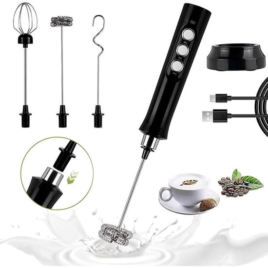 3-in-1 multifunctionele handmixer, zwart, 3 snelheden, 1200 mAh, USB, 15x4 cm