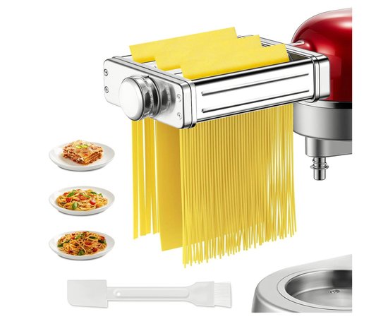 3-in-1 Pasta Opzetstuk voor KitchenAid - Luxe Pastamachine Inclusief Pastaroller, Fettuccinesnijder en Spaghettisnijder - Universeel RVS Pastamaker Accessoire met Schoonmaakborstel