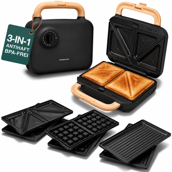 3-in-1 Tosti-ijzer 750W - Wafelijzer, Contactgrill en Sandwichmaker - 3 Verwisselbare Uitneembare Platen - Voor Tosti, Panini, Wafels en Grillen