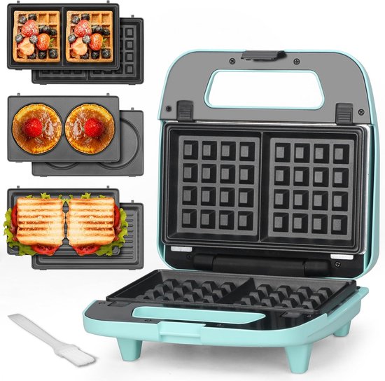 3-in-1 Wafelijzer - Pannenkoek Grill - Lekker Ontbijten - Afneembare Platen - 750 Watt - Aqua