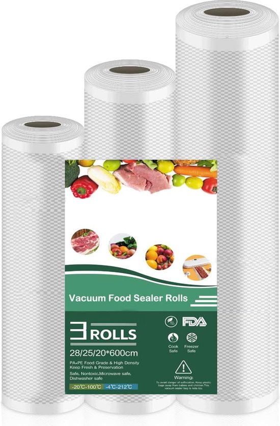 3 rollen, BPA-vrij, professionele folierollen voor vacumeermachines en levensmiddelen; geschikt voor vacuümverpakkers en folielasapparaten (28/25/20 x 600 cm)