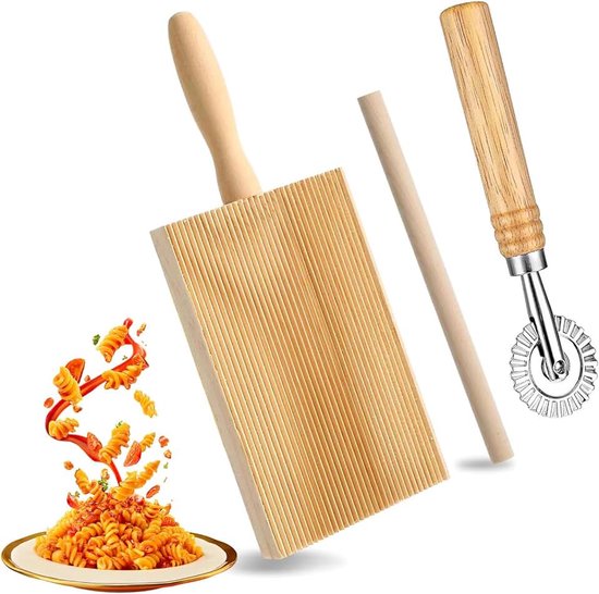 3 stuks gnocchi plank hout, gnocchiplank met deegwiel en deegroller, pasta plank hout, ravioliplank, pastaplank voor het maken van macaroni, tortellini, gnocchi