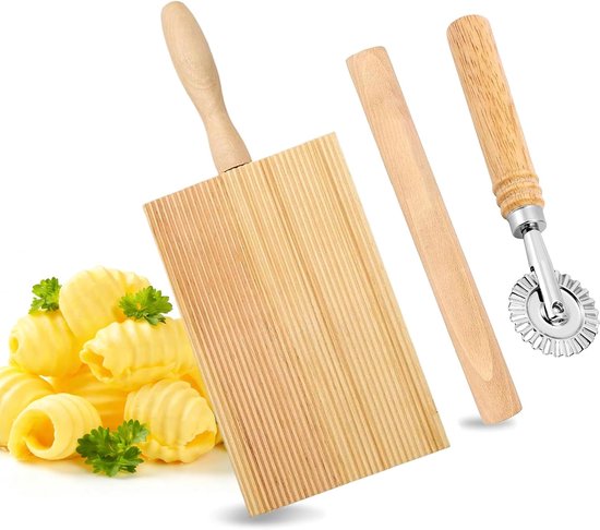 3 stuks gnocchi-plank, hout met uitstekers en deegroller, gnocchi-plank, 20,6 x 8,1 cm, pastamachine, hout, gnocchiplank, zeer efficiënte pastaaccessoires, voor macaroni pastamachine