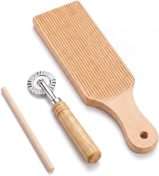 3 stuks, houten handvat, deegroller, beukenhout, gnocchi-plank met deegroller, gekartelde deegsnijder, roller voor thuiskeuken, ravioli, tortellini, macaroni