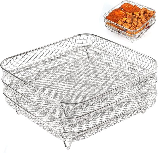 3 stuks manden voor luchtfriteuse, roestvrij staal 304, lagen voor luchtfriteuse in de oven, stapelbare droogmanden, drie rekhouders voor grill, rooster voor luchtfriteuse