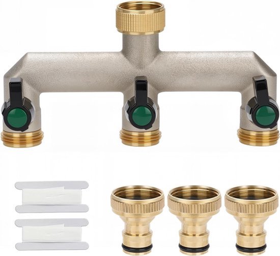 3-weg waterdistributeur met 3/4 inch kraan, verstelbare en vergrendelbare waterstroom voor grote tuinen, robuuste messing constructie