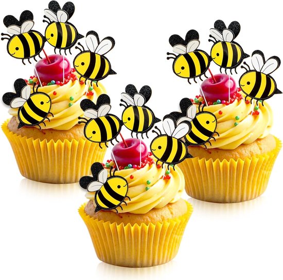 30 Stuks Bijenthema Taartdecoraties, Dubbel Laag Bij Kaart Toppers, Bijfiguren en Cupcake Prikkers voor Feesten en Bruiloften