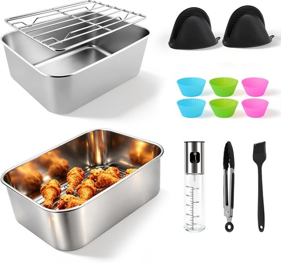 304 roestvrijstalen airfryer-inlegbakken (20 x 15 x 8 cm), set van 15 stuks airfryer-accessoires voor Ninja Double Zone AF400/451/300EU met dubbele mand, vaatwasmachinebestendige