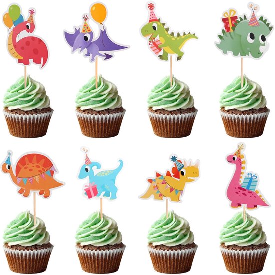 32 Stuks Dinosaurus Cupcake Toppers, Schattige Dinosaurus Cupcake Prikkers met Verschillende Stijlen Dino Taartdecoraties voor Kinderfeestjes Babyshowers en Andere Benodigdheden