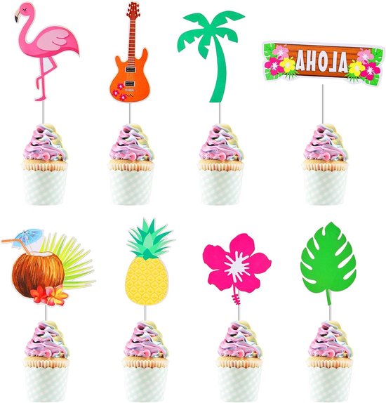 32 Stuks Zomer Cupcake Toppers voor Feestjes, Tropische Flamingo, Ananas en Palmblad Decoraties voor Luau en Zwemfeestjes