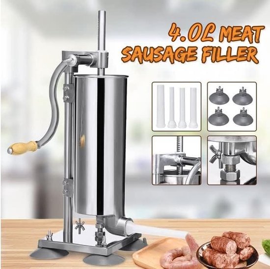 3/3,6/4 l worstschuiver, worstmachine, worstvulling van roestvrij staal met 4 buizen met verschillende diameters, ideaal voor thuis of restaurant (4 l)