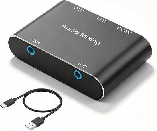 3,5 mm stereo audio-mixer 2-in-1 out 3,5 mm stereo mini-audio-mixer met 5 m USB-oplaadkabel voor laptops, mobiele telefoons, hoofdtelefoons, luidsprekers enz