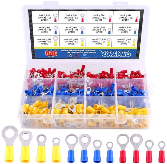 360 Stuks Gemengde Quick Disconnect Elektrische Isolatie Terminals - M4/5/6/8 Ring Crimp Connectoren Assortiment Kit voor 22-16/16-14/12-10 Gauge