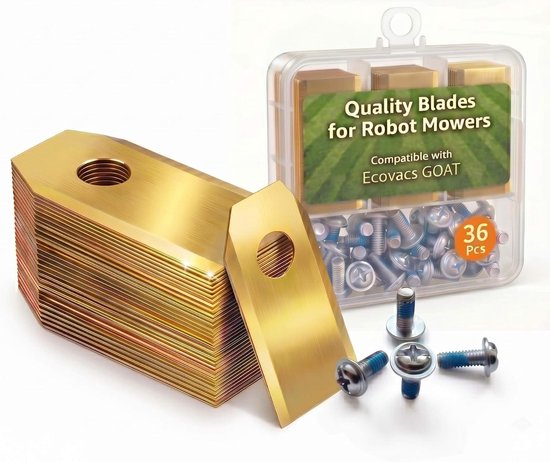 36x reserve messen voor ECOVACS GOAT serie maairobots, 0,9 mm, met titanium coating van roestvrij staal, inclusief schroeven, opbergdoos