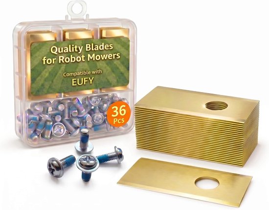 36x reservemessen voor Eufy maairobot E15 & E18, 0,9 mm titanium-gecoate roestvrijstalen messen met schroeven, opbergdoos