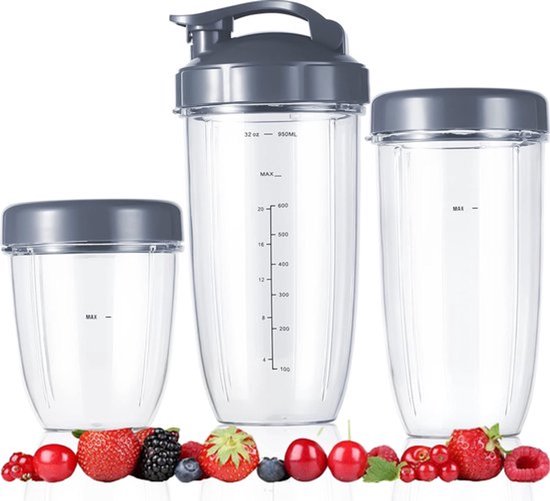 3Stuk - Vervangende Blenderbekers Geschikt Voor Nutribullet Blender, Blenderaccessoire -32oz/24oz/16oz Bekers Met Flip Top To Go-Deksel En Hersluitbare Vershouddeksel En Rubberen Pakking, Compatibel Met Geschikt Voor Nutri Bullet 600w/900w Blenders