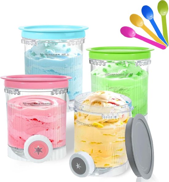 4 containers 480 ml ijscontainers voor Ninja Creami NC701 & NC700 serie ijsmachines - BPA-vrij, vaatwasmachinebestendige ijsmachine-accessoires (pak van 4 met kleurrijke lepels)