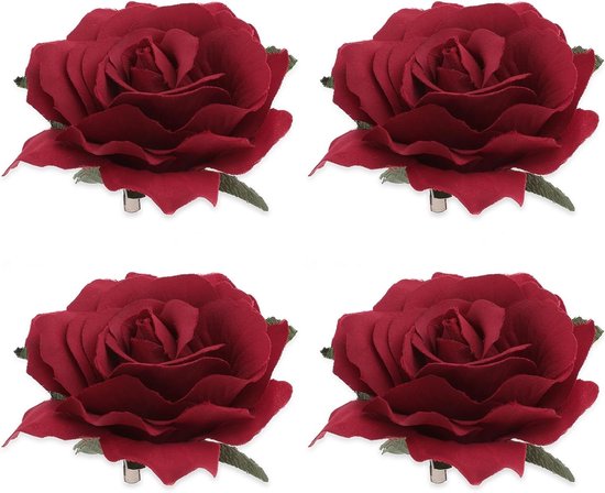 4-delige Bloemen Haarspeld Set, Rozen Broche, Grote Knopen Sieraden, Ballet Dans Hoofdaccessoire, Stoffen Strik Haarspeld voor Feest en Bruiloft, Rood