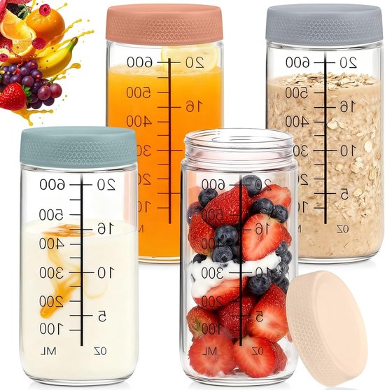 4-delige glazen bewaardozen voor maaltijdprep, 750ml, ideaal voor overnight oats, salades, yoghurt en meer