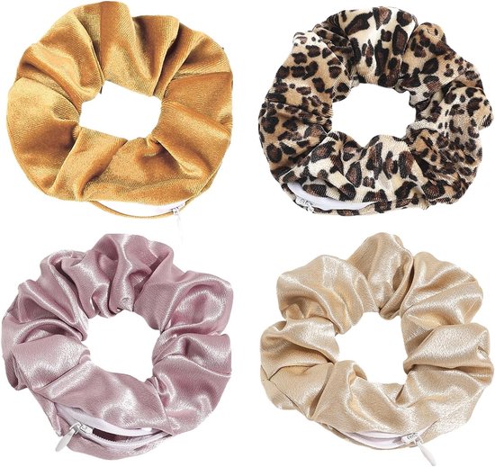 4-delige set met rits voor vrouwen, haarbandjes, flanellen haarbandjes en opbergbanden voor gadgets (12 cm) - Perfect voor haarstyling en organisatie