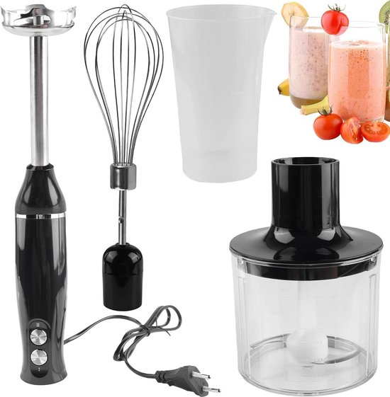 4-in-1 elektrische staafmixer - staafmixer roestvrij staal - handblender 500 W - keukenapparatuur voor babyvoeding en smoothies - zwart van Merkloos