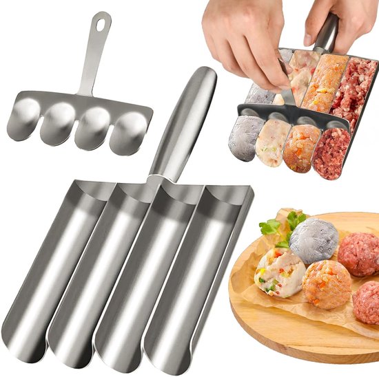 4-in-1 gehaktbal maker gereedschap, roestvrij staal vlees baller maker, keuken gehaktbal schep bal maker kit voor snel maken gehaktballen van Chifancy