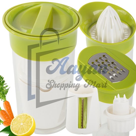 4-in-1 Groenterasp en Citruspers – Rasp, Snijder, Pers en Schaver – 450 ml - Handmatig groentensnijder - 63287 van Merkloos