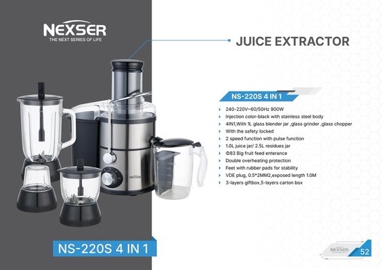4-in-1 Juicer Machine 900 W met RVS Blades en Brede Vulschacht – Elektrische Juicer voor Groenten en Fruit, 3,5 L