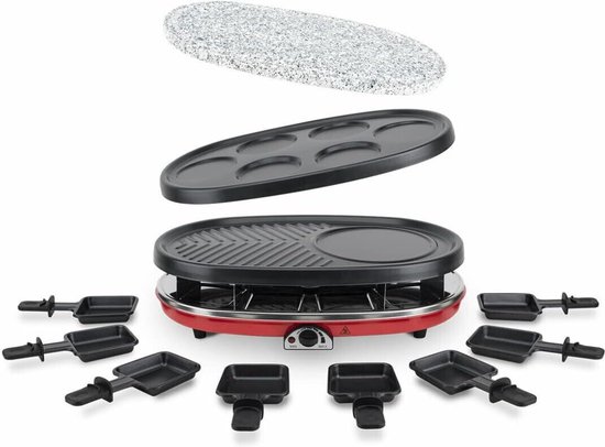 4-in-1 Multifunctionele Gourmetstel RP418 Voor 8 Personen - Natuursteen - Raclette - Kaas Fondue - Grill & Mini Pannenkoekjes - Rood Met 8 Anti-Aanbak Pannetjes En Regelbare Temperatuur
