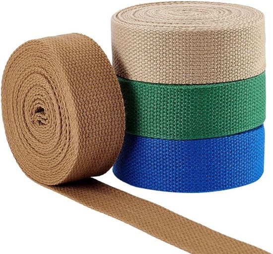 4-pack 18,3 m katoenen webbing naaigaren - 32 mm sterk poly-katoen lint - oker/beige/blauw/groen - eenvoudig lint voor casual gelegenheden en creatieve projecten
