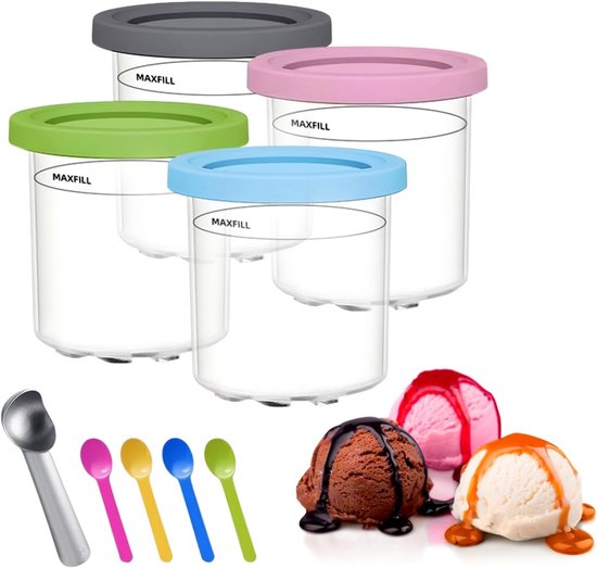 4-Pack Ijsbekers geschikt voor Ninja Creami (NC300 & NC301 en NC299AMZ Series) - 16oz Ijsbakken met Deksels - Bekers Geschikt voor Ninja Creami Ijsmachine - Ijsmaker - Ijsvormpjes - Ijs Maken - BPA-Vrij - Vaatwasmachinebestendig en Lekvrij - SOLLBRY®