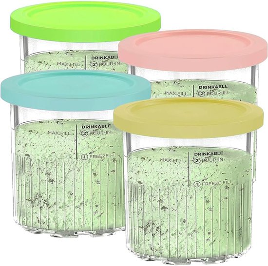 4-pack luxe roompellets met deksels, roombekers van 700 ml, voor ijsmachines uit de Geschikt voor NC500- en NC501-serie, vaatwasmachinebestendig (roze/blauw/groen/geel) van Merkloos
