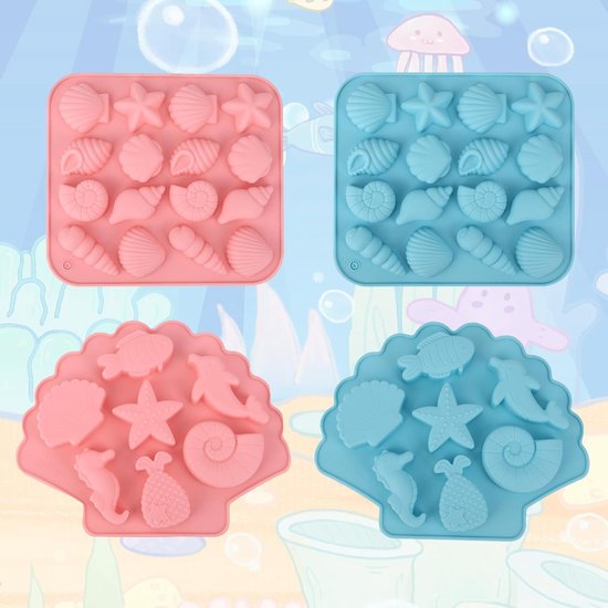 4 Stampi voor Fondente in Marine Thema, Silicone Mallen in Conchiglia en Stervorm, Ideaal voor Chocolade en Snoep Creaties