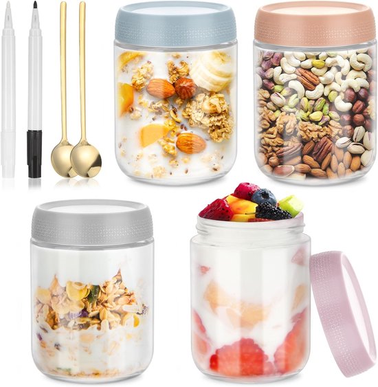 4 Stuks 500ml Glazen Voorbereidingspotjes voor Overnight Oats, Jam, Yoghurt en Pudding om Mee Te Nemen