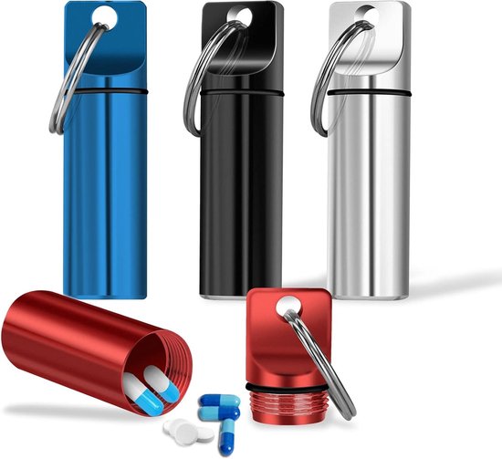 4 Stuks Mini Pillendoos Sleutelhanger, Draagbare Aluminium Reis Pillen Organizer, Waterdichte Pillenhouder voor Kamperen en Reizen, Compact en Lichtgewicht van Merkloos